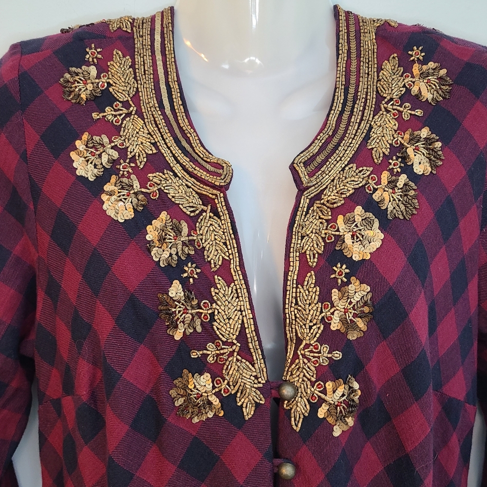 Soft Surroundings Webster Tunic Top Women S Red Burgundy Plaid Embellished Gypsy - Picture 4 of 16